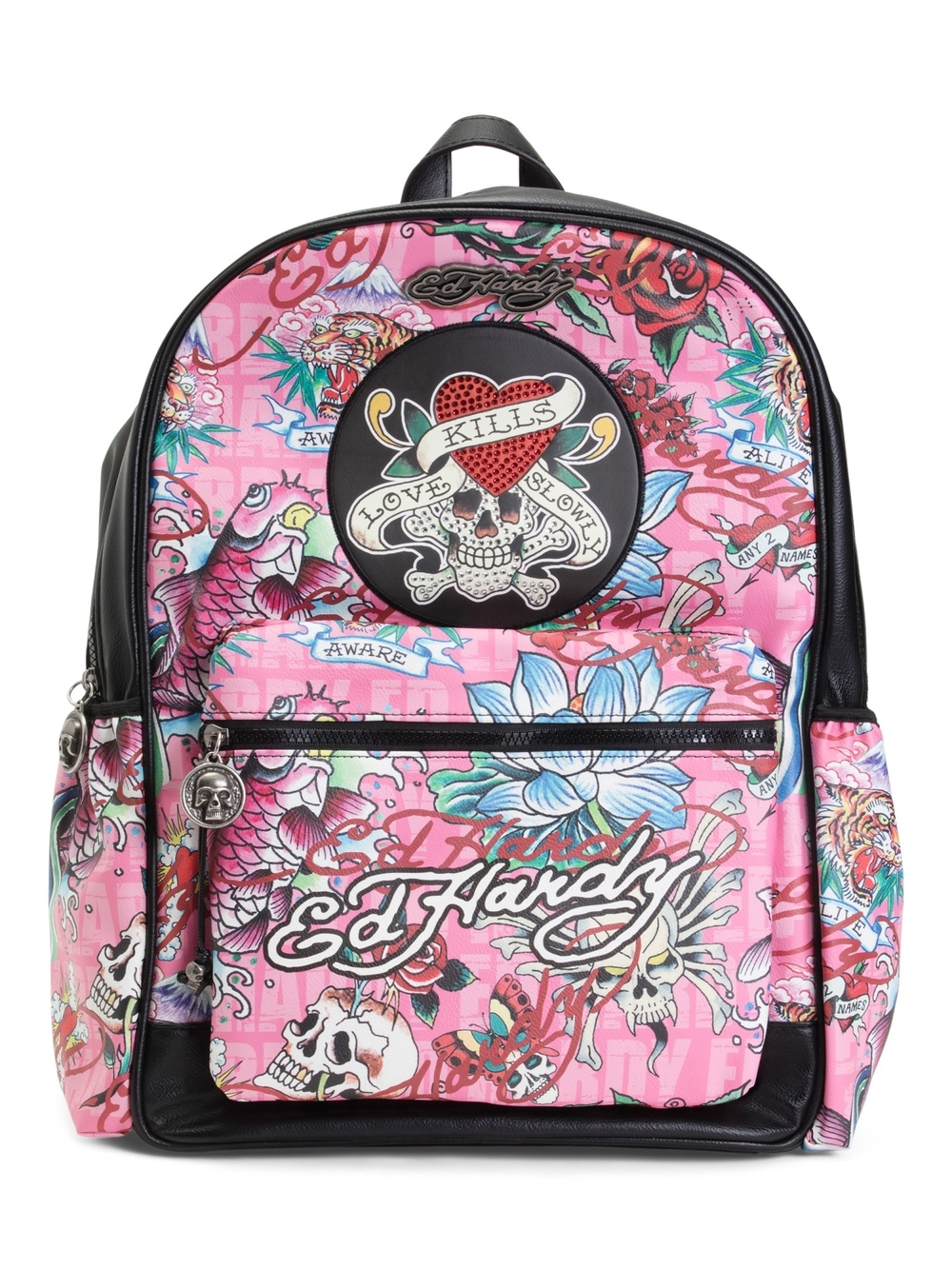 Ed Hardy Pink Tattoo-Print Backpack with Skull Heart Patch